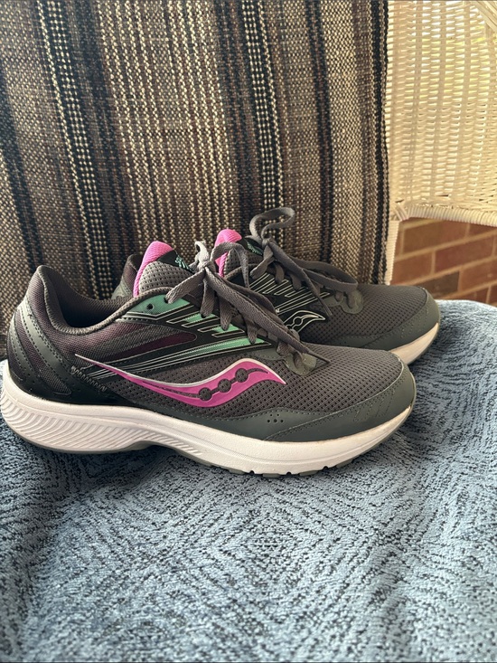 Saucony Shoes - Saucony Women's Dark Gray Running Sneakers with Pink and Teal Accents